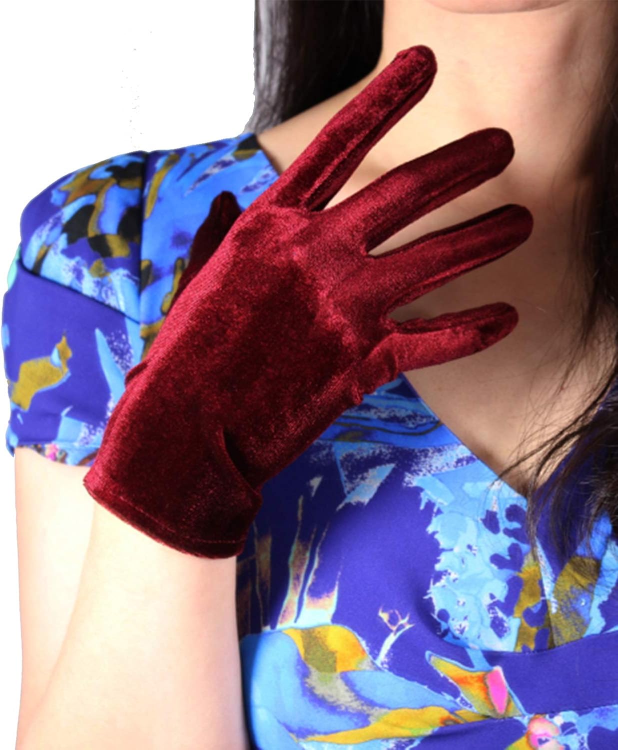 dooway 触屏深红色酒红色天鹅绒手套 opera 晚礼服 长弹力丝绒法兰绒